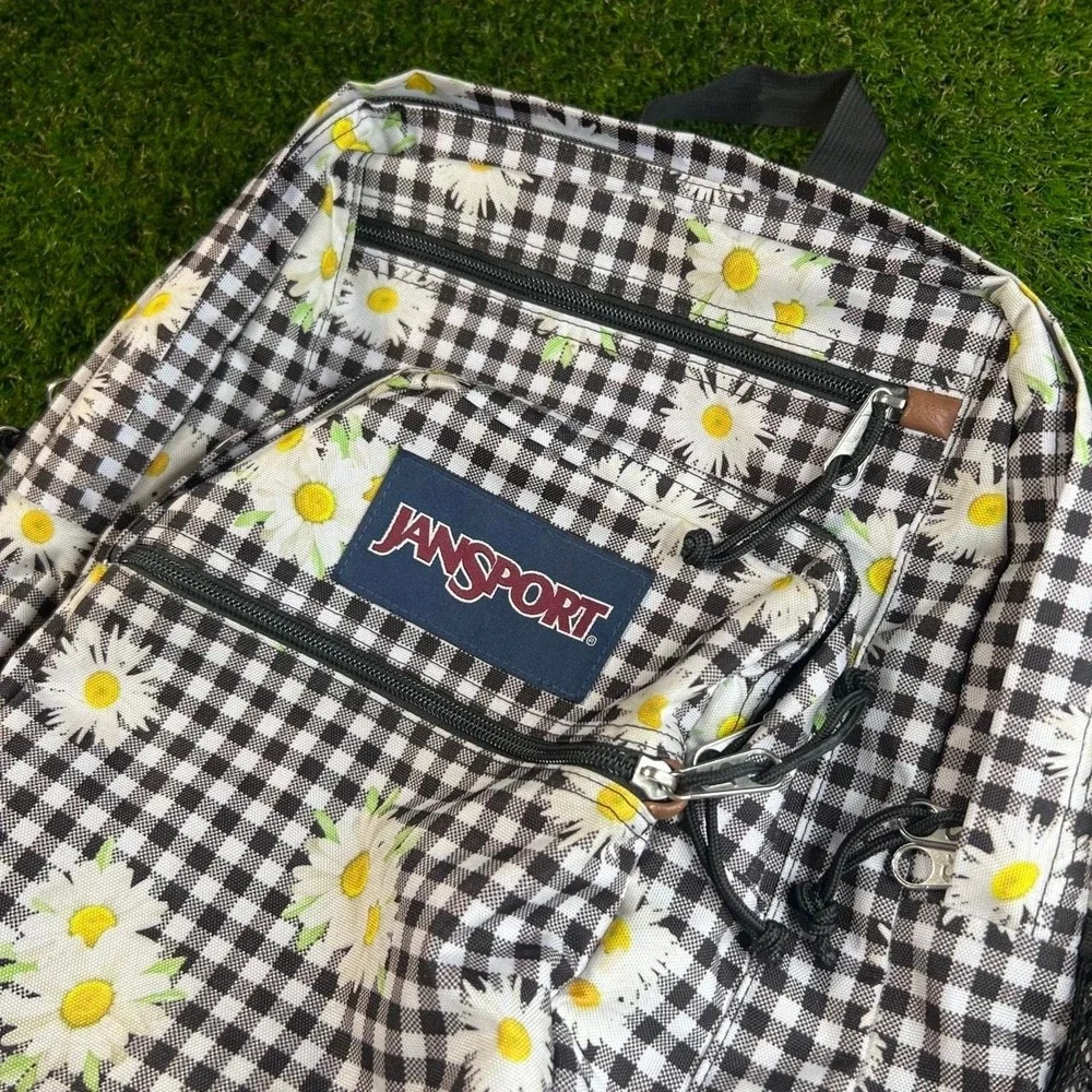 Jansport Daisy Gingham Backpack Black White Floral School Laptop Book Bag Pack